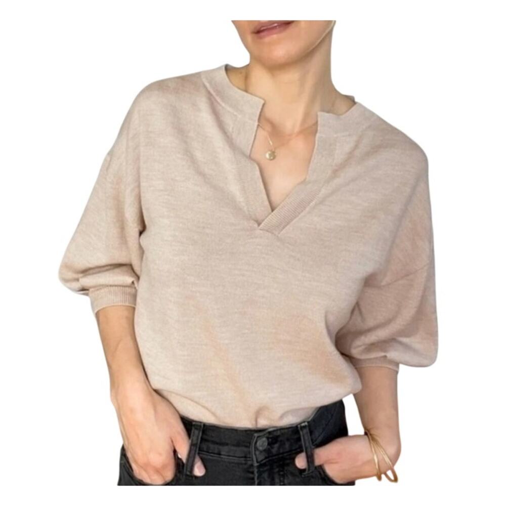 THE RESET R LABEL PUFF SLEEVE WOOL SWEATER TOP, SIZE M